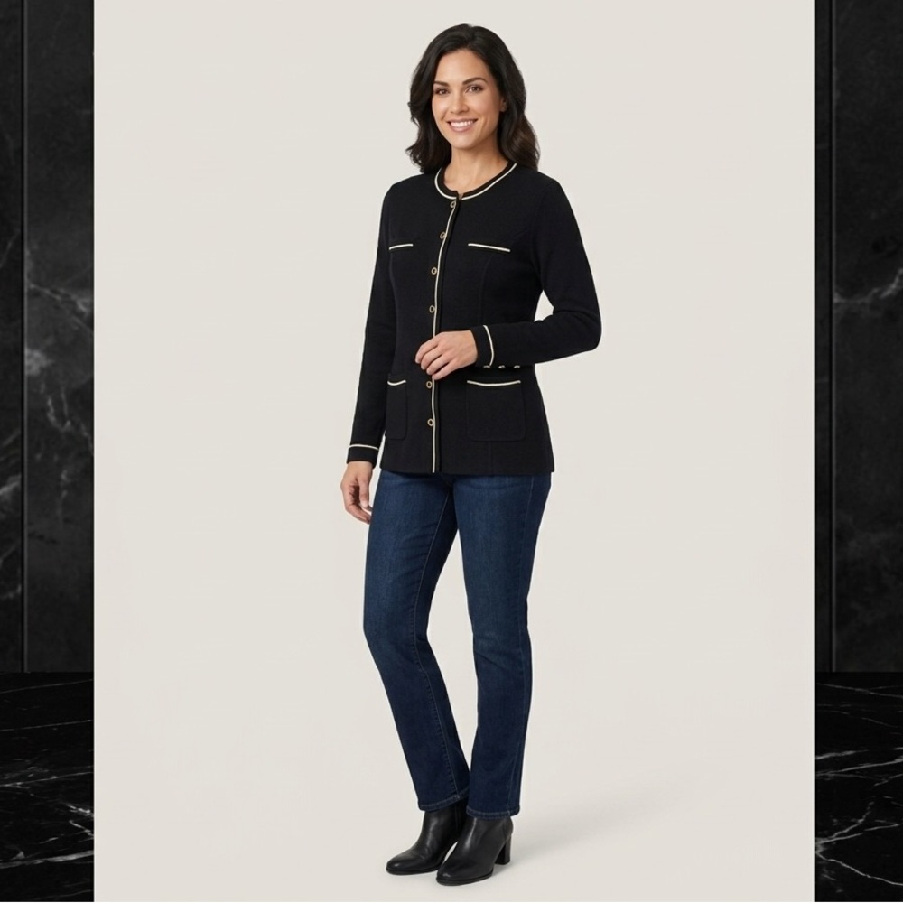 Black Button-Front Knit Jacket with Contrast Trim